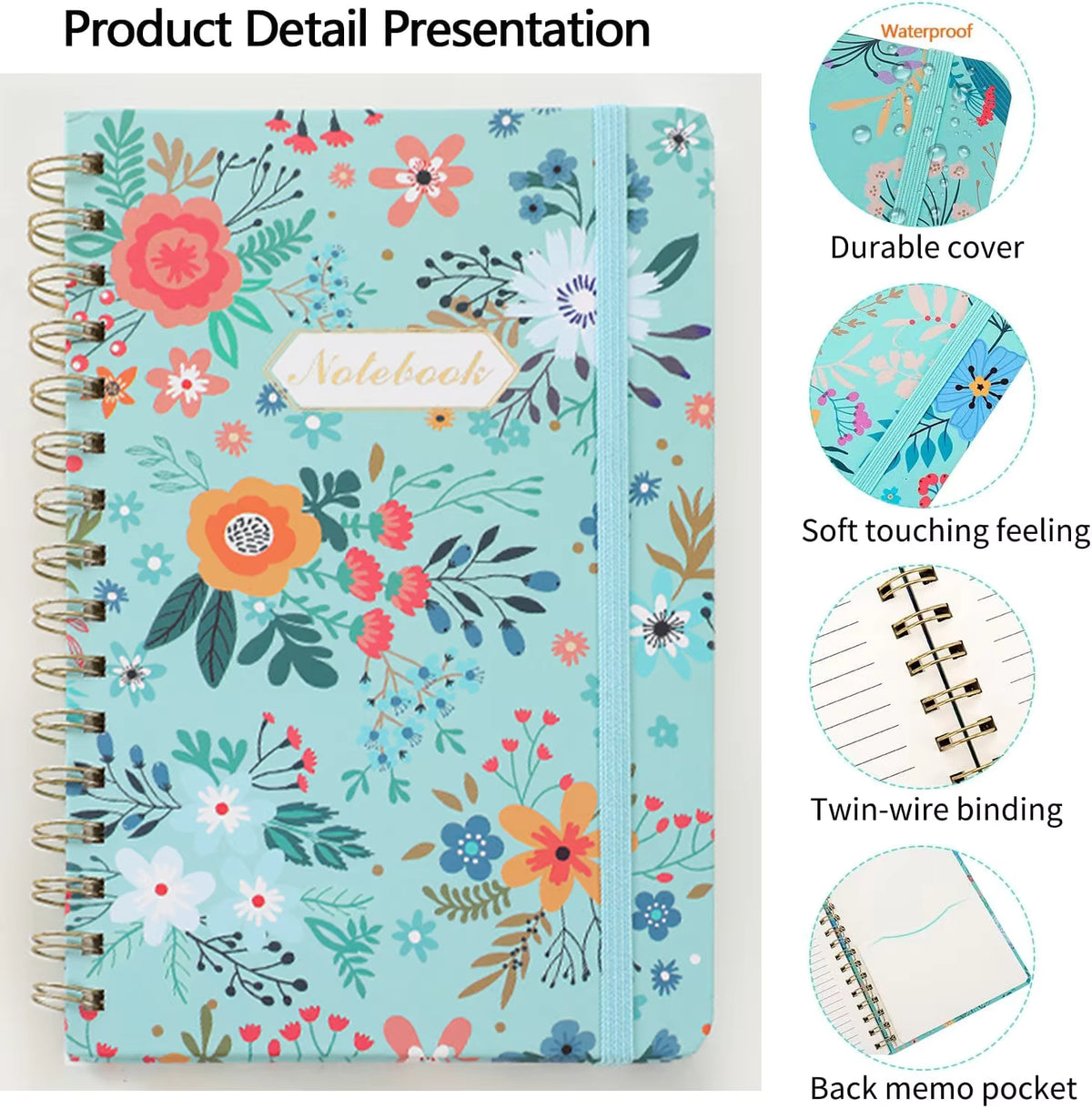 Cute Floral Spiral Notebook – Hardcover Women’s Diary 5.5 x 8.3 Inch