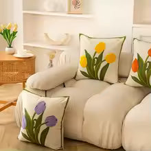Cotton Tulip Embroidered Throw Pillow Cover