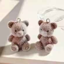 6pcs Kawaii Fluffy Teddy Bear Resin Charms 3D Flocked Pink Brown Bear